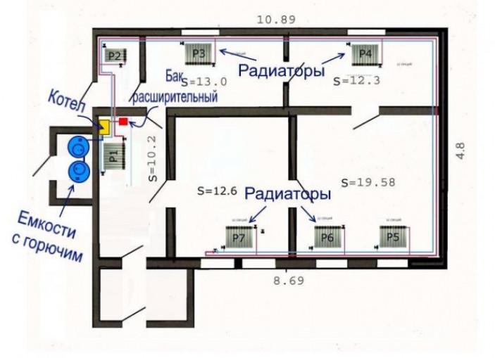 План котельной, расположения радиаторов, схема отопления