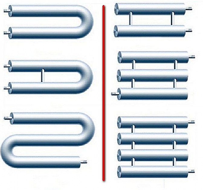 В отличие от показанного выше варианта, у этого регистра с обеих сторон расположены вертикальные коллекторы. Движение теплоносителя осуществляется параллельными потоками по всем трубам сразу.
